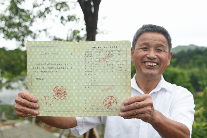 2017年6月13日，福建武平縣萬安鎮(zhèn)捷文村村民李桂林展示林權(quán)改革后領(lǐng)到的全國第一本新式林權(quán)證。