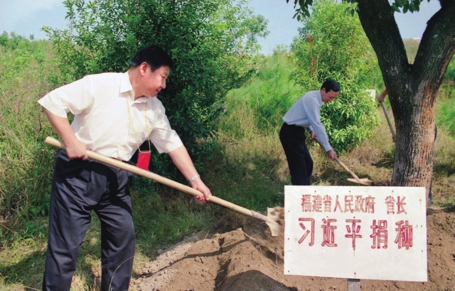 2001年10月，習(xí)近平在龍巖市長汀縣調(diào)研水土流失治理工作，在河田世紀(jì)生態(tài)園為樹培土。圖源：《習(xí)近平在福建（下）》