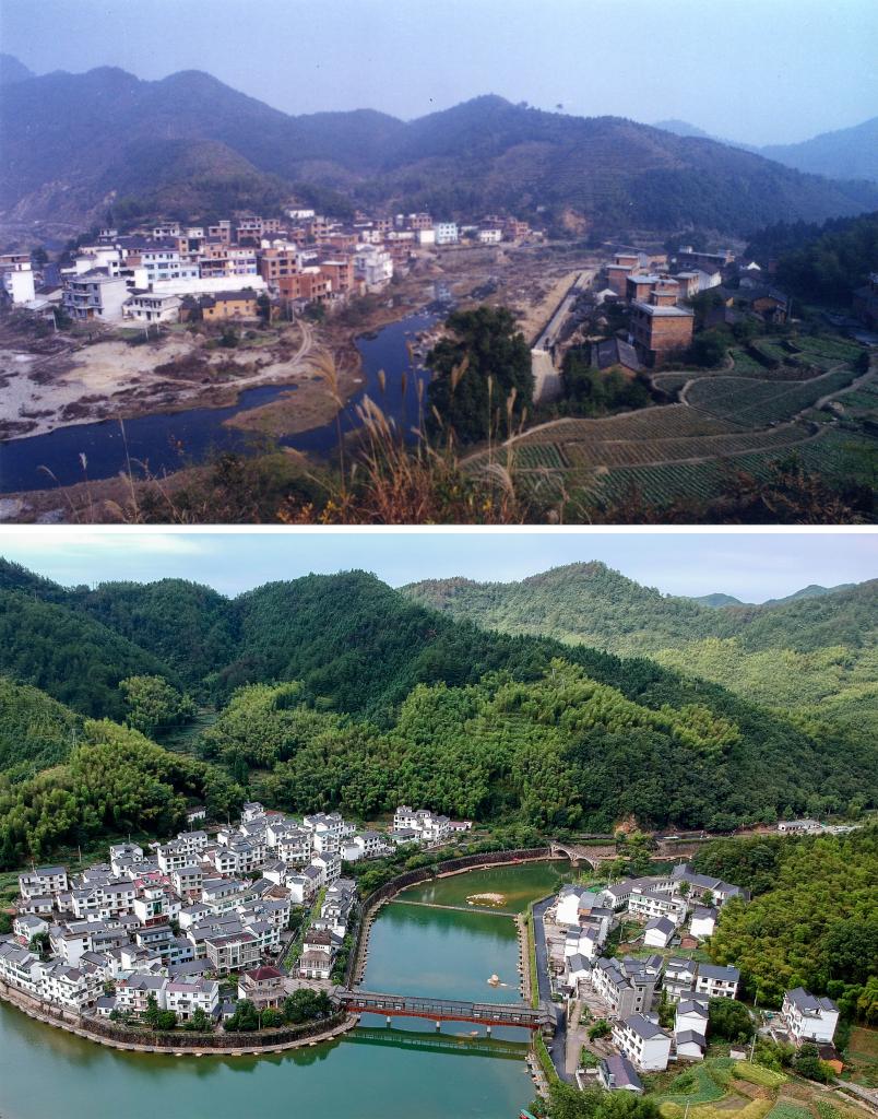 圖為浙江省杭州市淳安縣楓樹嶺鎮(zhèn)下姜村拼版圖，其中上圖為資料照片、下圖由新華社記者張鋮攝。
